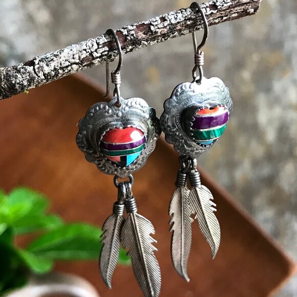 Navajo Sterling Heart & Feather Turquoise Red Coral Jet Malachite Earrings - Picture 5 of 7